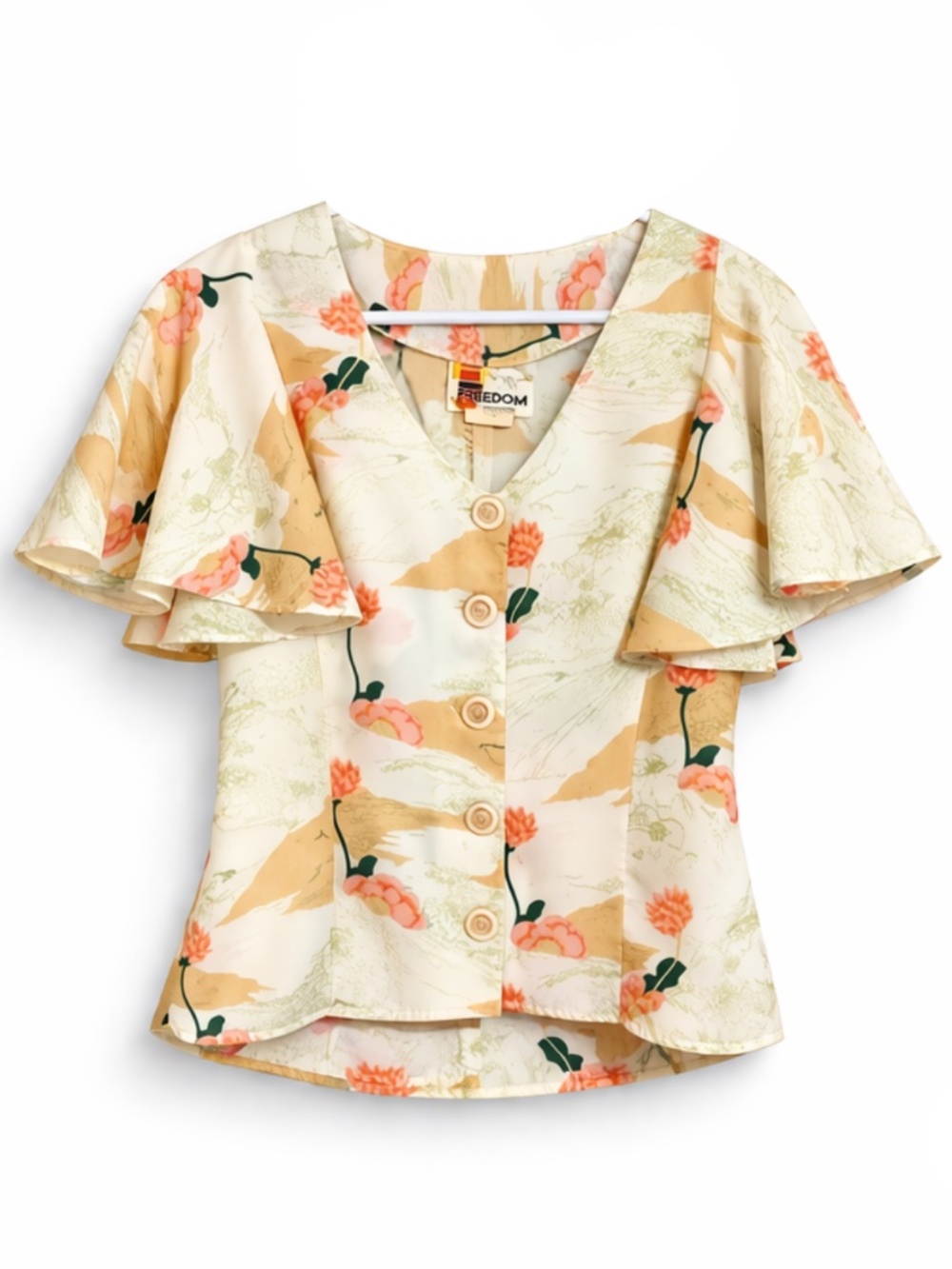 Vintage 70s Cream Button Front Blouse Orange Floral & Flutter Sleeve - Size 6